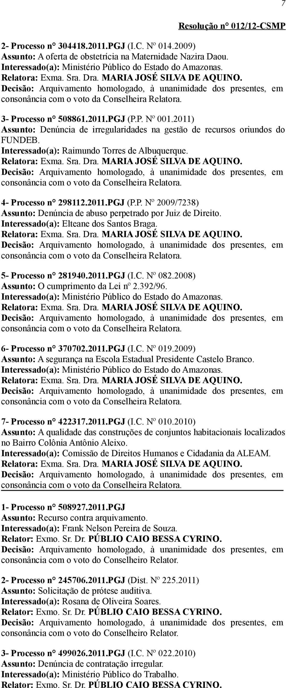 ocesso n 298112.2011.PGJ (P.P. Nº 2009/7238) Assunto: Denúncia de abuso perpetrado por Juiz de Direito. Interessado(a): Elteane dos Santos Braga. 5- Processo n 281940.2011.PGJ (I.C. Nº 082.