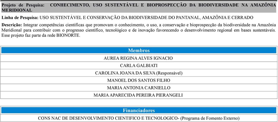 favorecendo o desenvolvimento regional em bases sustentáveis. Esse projeto faz parte da rede BIONORTE.