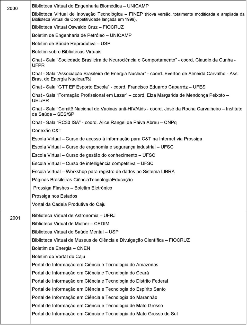 Biblioteca Virtual Oswaldo Cruz FIOCRUZ Boletim de Engenharia de Petróleo UNICAMP Boletim de Saúde Reprodutiva USP Boletim sobre Bibliotecas Virtuais Chat - Sala Sociedade Brasileira de Neurociência