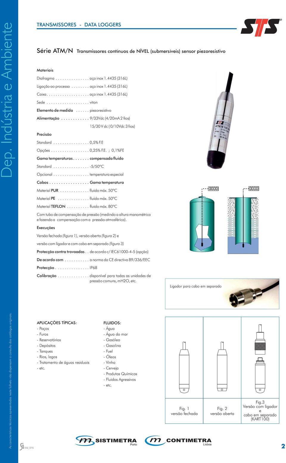 ...... compensada fluido Standard................ -5/50ºC Opcional................ temperatura especial Cabos................. Gama temperatura Material PUR............. fluido máx. 50ºC Material PE.