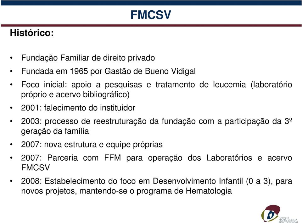 fundação com a participação da 3º geração da família 2007: nova estrutura e equipe próprias 2007: Parceria com FFM para operação dos