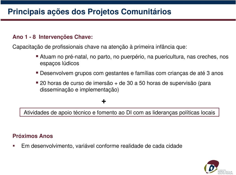 famílias com crianças de até 3 anos 20 horas de curso de imersão + de 30 a 50 horas de supervisão (para disseminação e implementação) +