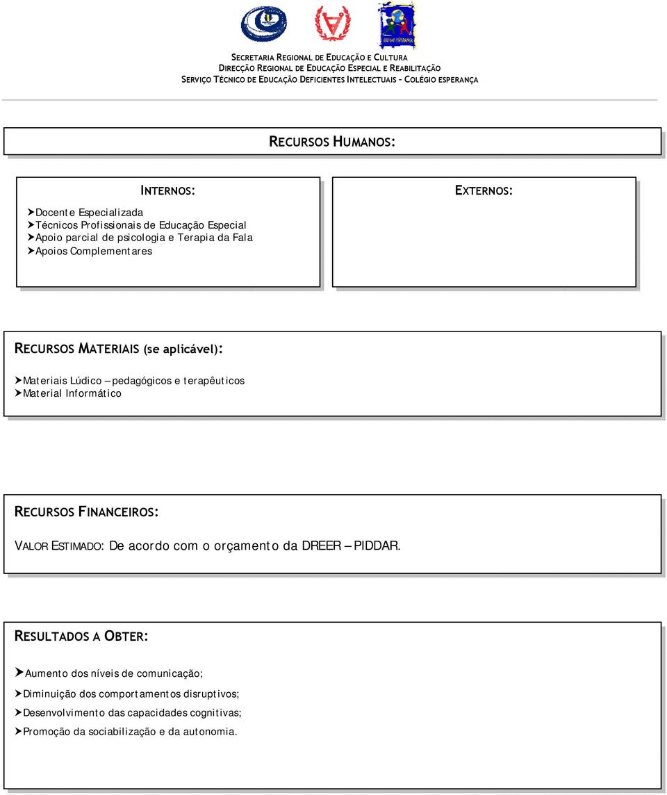 Informático RECURSOS FINANCEIROS: VALOR ESTIMADO: De acordo com o orçamento da DREER PIDDAR.