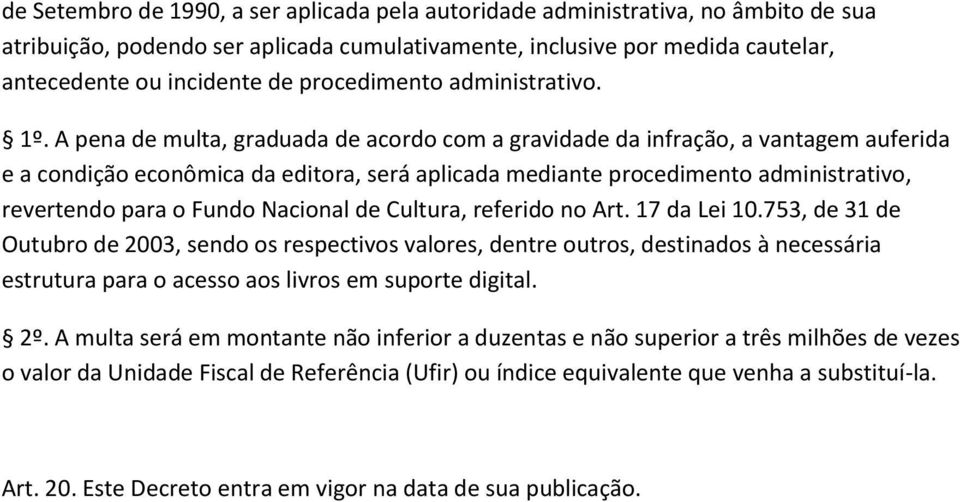 A pena de multa, graduada de acordo com a gravidade da infração, a vantagem auferida e a condição econômica da editora, será aplicada mediante procedimento administrativo, revertendo para o Fundo