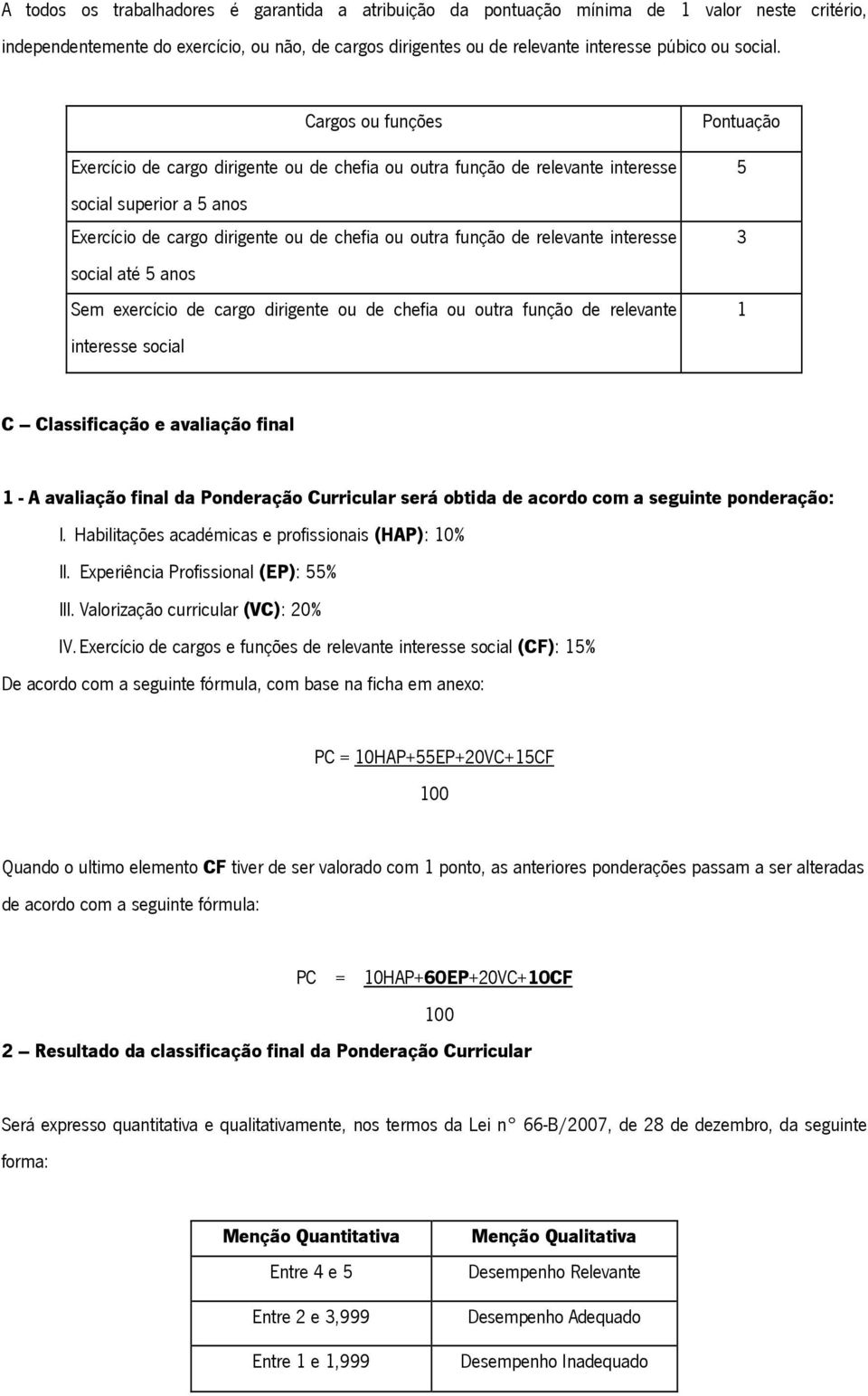 Cargos ou funções Exercício de cargo dirigente ou de chefia ou outra função de relevante interesse social superior a 5 anos Exercício de cargo dirigente ou de chefia ou outra função de relevante