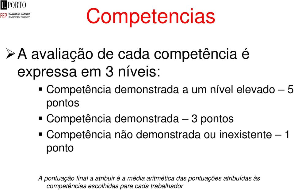 Competência não demonstrada ou inexistente 1 ponto A pontuação final a atribuir é