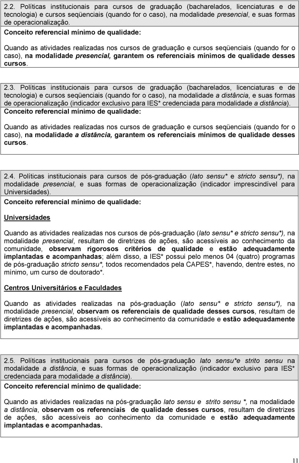 Quando as atividades realizadas nos cursos de graduação e cursos seqüenciais (quando for o caso), na modalidade presencial, garantem os referenciais mínimos de qualidade desses cursos. 2.3.