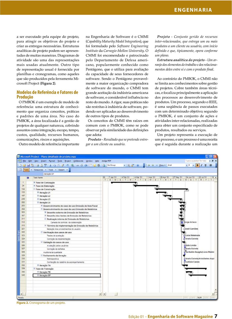 Outro tipo de representação usual é fornecida por planilhas e cronogramas, como aqueles que são produzidos pela ferramenta Microsoft Project (Figura 2).