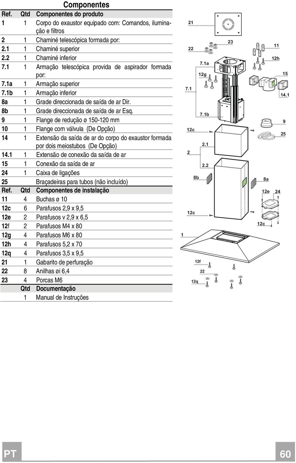 9 1 Flange de redução ø 150-120 mm 10 1 Flange com válvula (De Opção) 14 1 Extensão da saída de ar do corpo do exaustor formada por dois meiostubos (De Opção) 14.