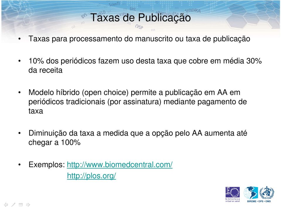 publicação em AA em periódicos tradicionais (por assinatura) mediante pagamento de taxa Diminuição da