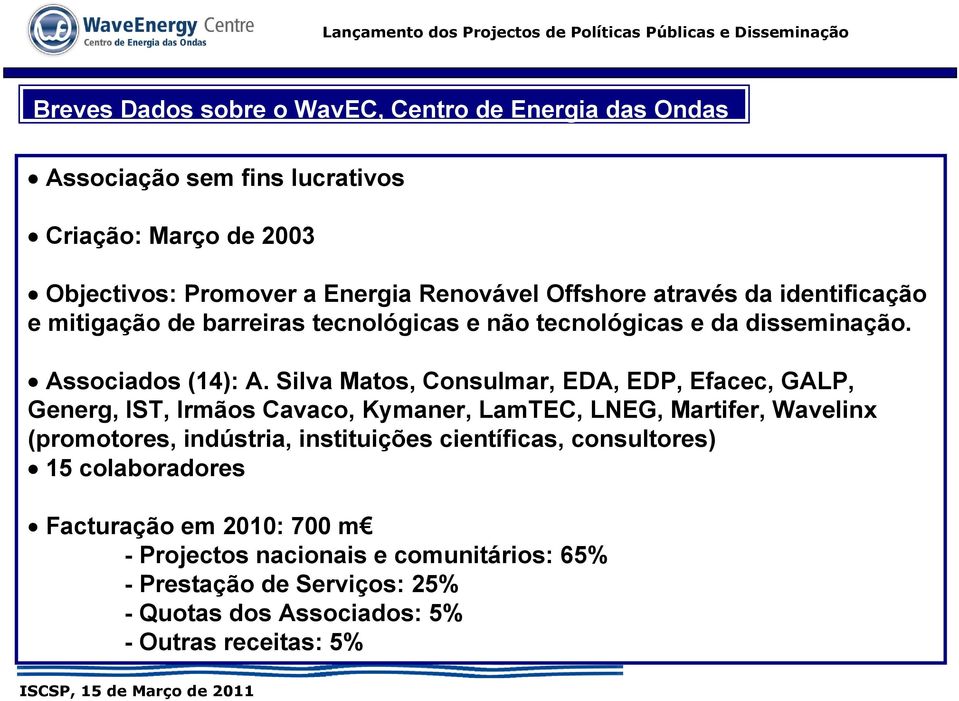 Silva Matos, Consulmar, EDA, EDP, Efacec, GALP, Generg, IST, Irmãos Cavaco, Kymaner, LamTEC, LNEG, Martifer, Wavelinx (promotores, indústria, instituições