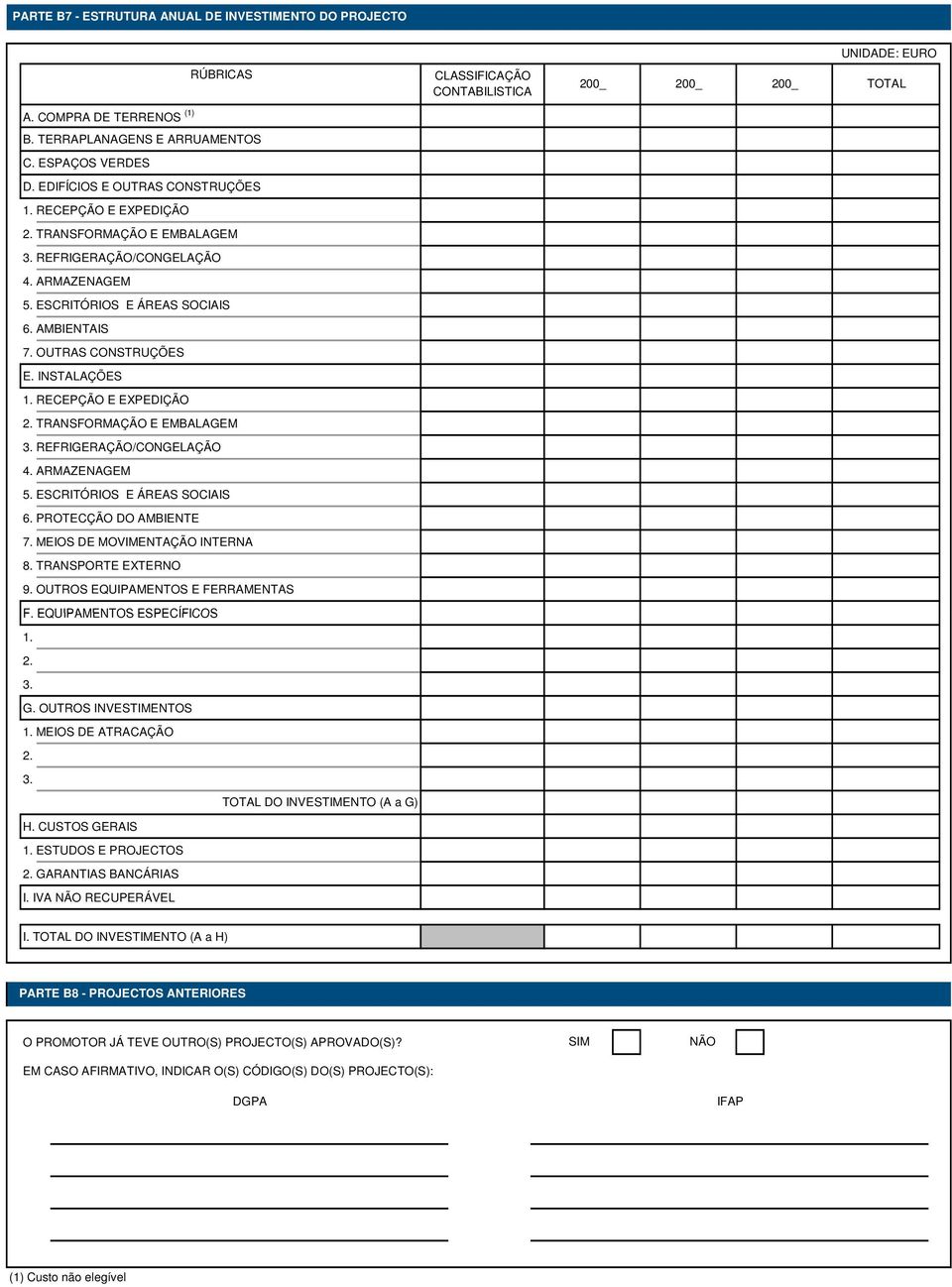 OUTRAS CONSTRUÇÕES E. INSTALAÇÕES 1. RECEPÇÃO E EXPEDIÇÃO 2. TRANSFORMAÇÃO E EMBALAGEM 3. REFRIGERAÇÃO/CONGELAÇÃO 4. ARMAZENAGEM 5. ESCRITÓRIOS E ÁREAS SOCIAIS 6. PROTECÇÃO DO AMBIENTE 7.