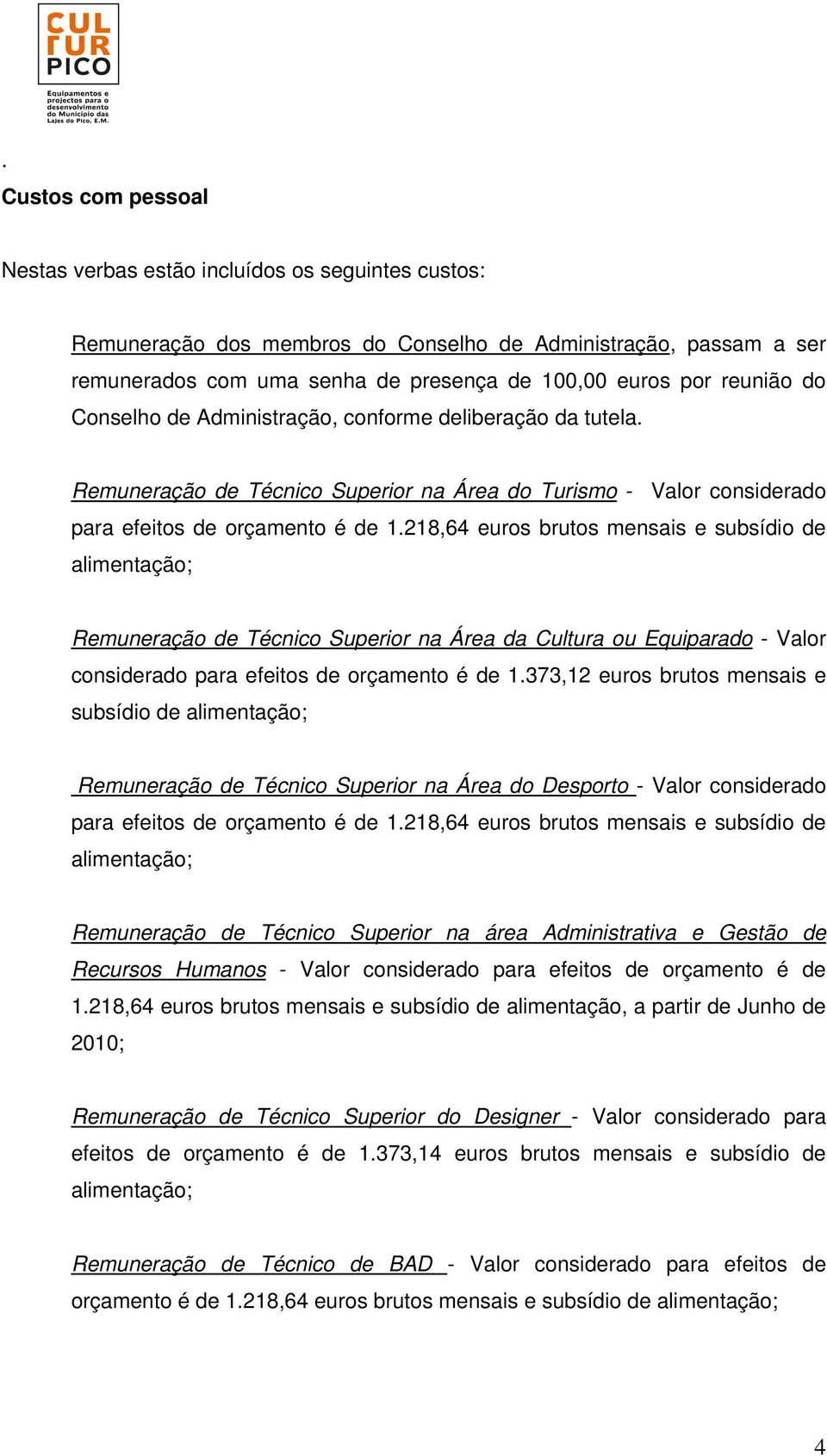 218,64 euros brutos mensais e subsídio de alimentação; Remuneração de Técnico Superior na Área da Cultura ou Equiparado - Valor considerado para efeitos de orçamento é de 1.