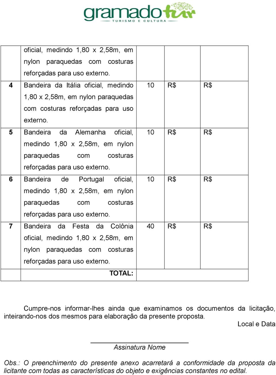 documentos da licitação, inteirando-nos dos mesmos para elaboração da presente proposta. Local e Data Assinatura Nome Obs.