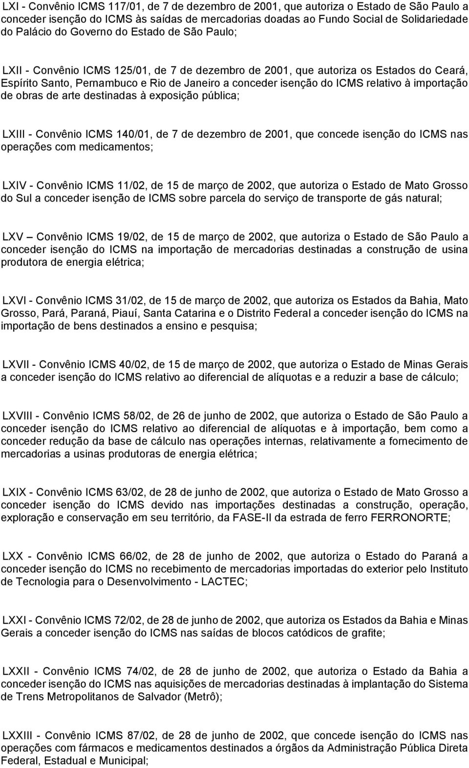 relativo à importação de obras de arte destinadas à exposição pública; LXIII - Convênio ICMS 140/01, de 7 de dezembro de 2001, que concede isenção do ICMS nas operações com medicamentos; LXIV -