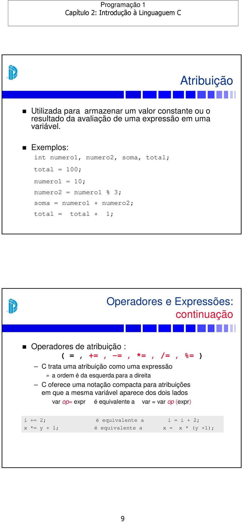 Expressões: continuação Operadores de atribuição : ( =, +=, -=, *=, /=, %= ) C trata uma atribuição como uma expressão» a ordem é da esquerda para a direita C