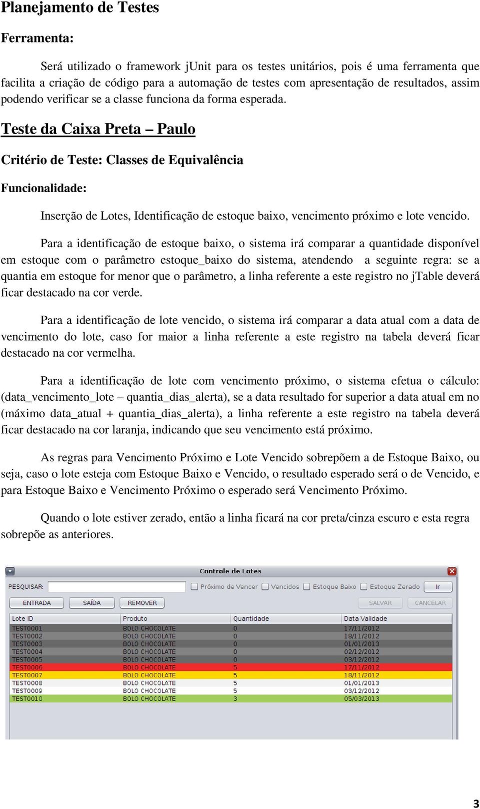 Teste da Caixa Preta Paulo Critério de Teste: Classes de Equivalência Funcionalidade: Inserção de Lotes, Identificação de estoque baixo, vencimento próximo e lote vencido.