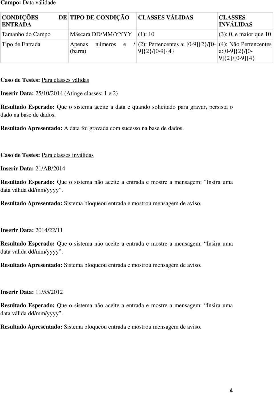 Resultado Esperado: Que o sistema aceite a data e quando solicitado para gravar, persista o dado na base de dados. Resultado Apresentado: A data foi gravada com sucesso na base de dados.