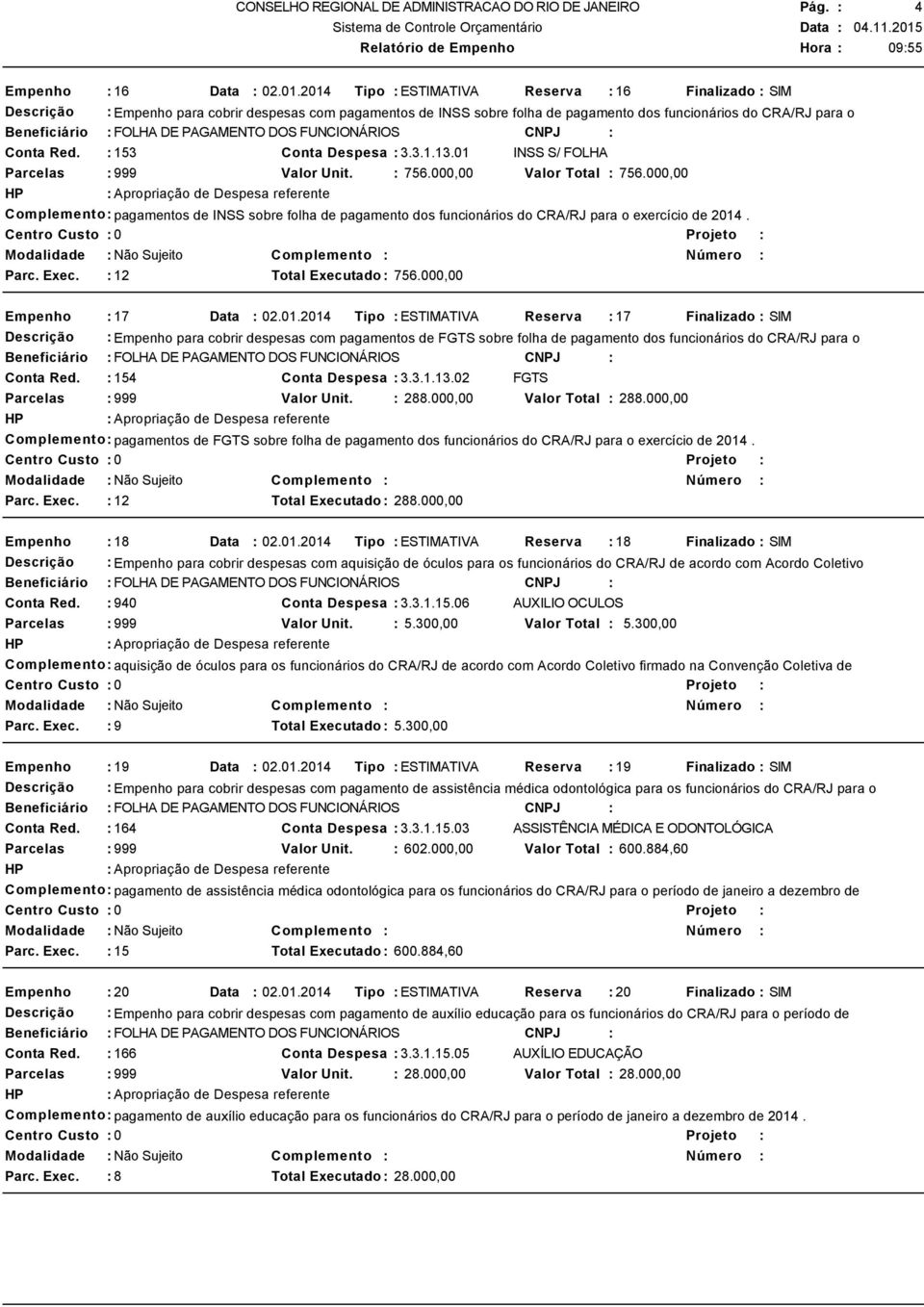 000,00 Complemento: pagamentos de INSS sobre folha de pagamento dos funcionários do CRA/RJ para o exercício de 2014. Parc. Exec. : 12 Total Executado : 756.