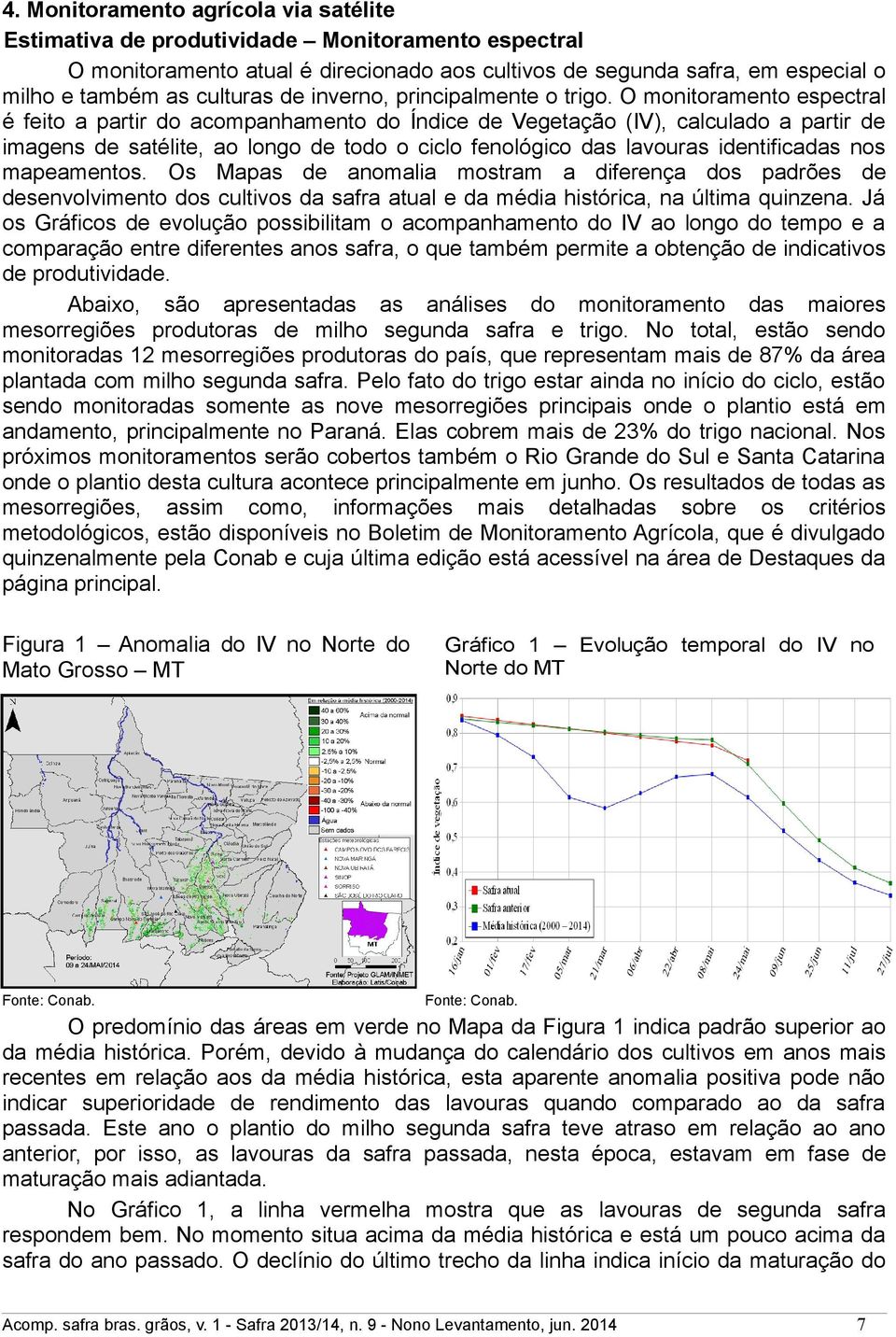 O monitoramento espectral é feito a partir do acompanhamento do Índice de Vegetação (IV), calculado a partir de imagens de satélite, ao longo de todo o ciclo fenológico das lavouras identificadas nos