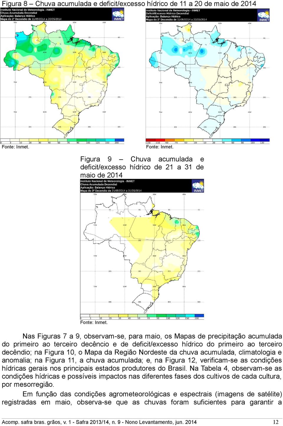 Região Nordeste da chuva acumulada, climatologia e anomalia; na Figura 11, a chuva acumulada; e, na Figura 12, verificam-se as condições hídricas gerais nos principais estados produtores do Brasil.