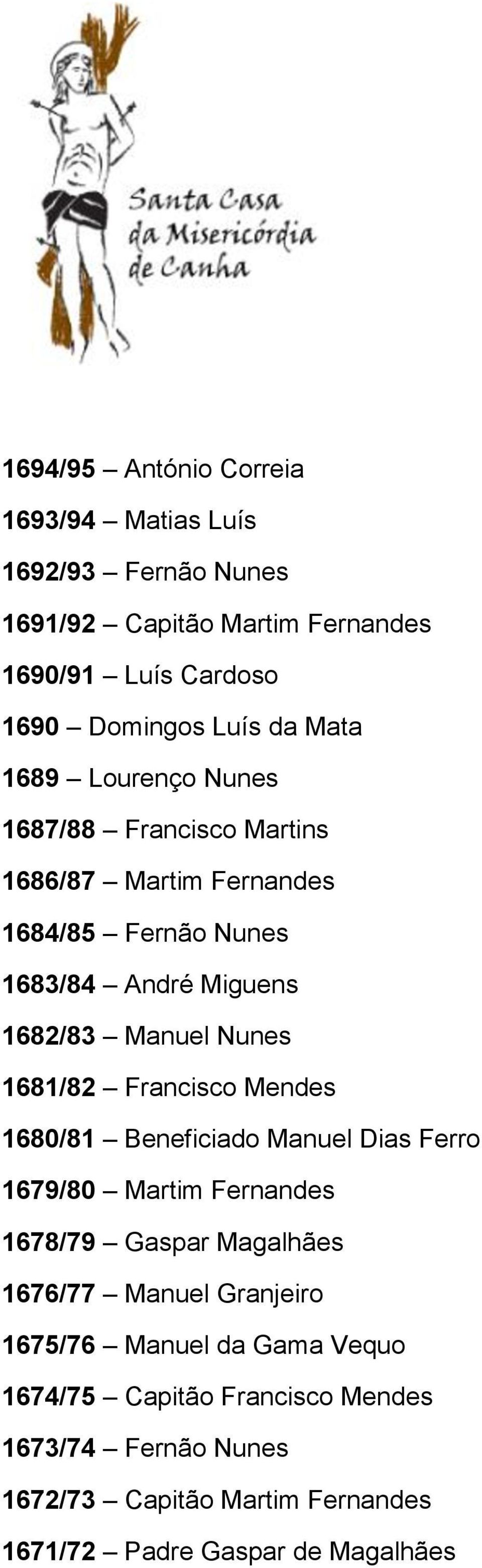 1681/82 Francisco Mendes 1680/81 Beneficiado Manuel Dias Ferro 1679/80 Martim Fernandes 1678/79 Gaspar Magalhães 1676/77 Manuel Granjeiro