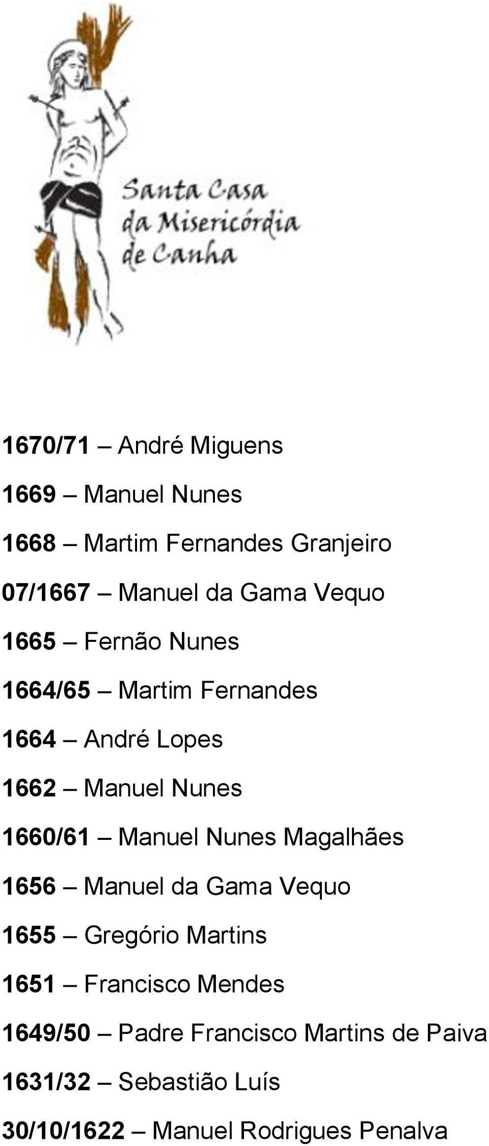 Manuel Nunes Magalhães 1656 Manuel da Gama Vequo 1655 Gregório Martins 1651 Francisco Mendes