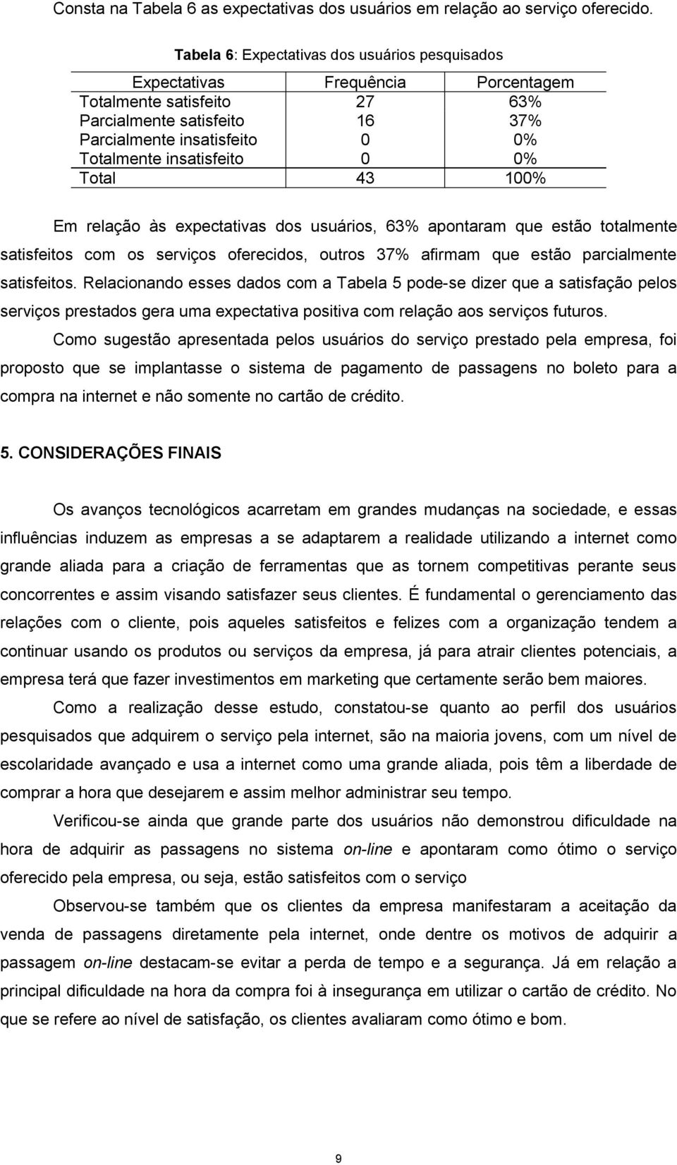 0 0% Total 43 100% Em relação às expectativas dos usuários, 63% apontaram que estão totalmente satisfeitos com os serviços oferecidos, outros 37% afirmam que estão parcialmente satisfeitos.