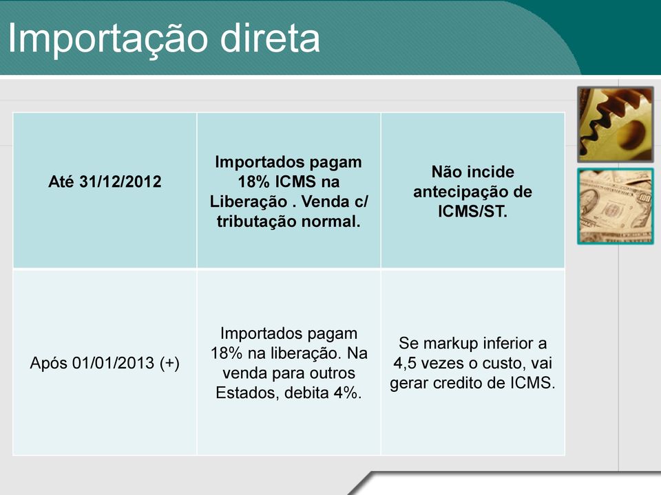 Após 01/01/2013 (+) Importados pagam 18% na liberação.