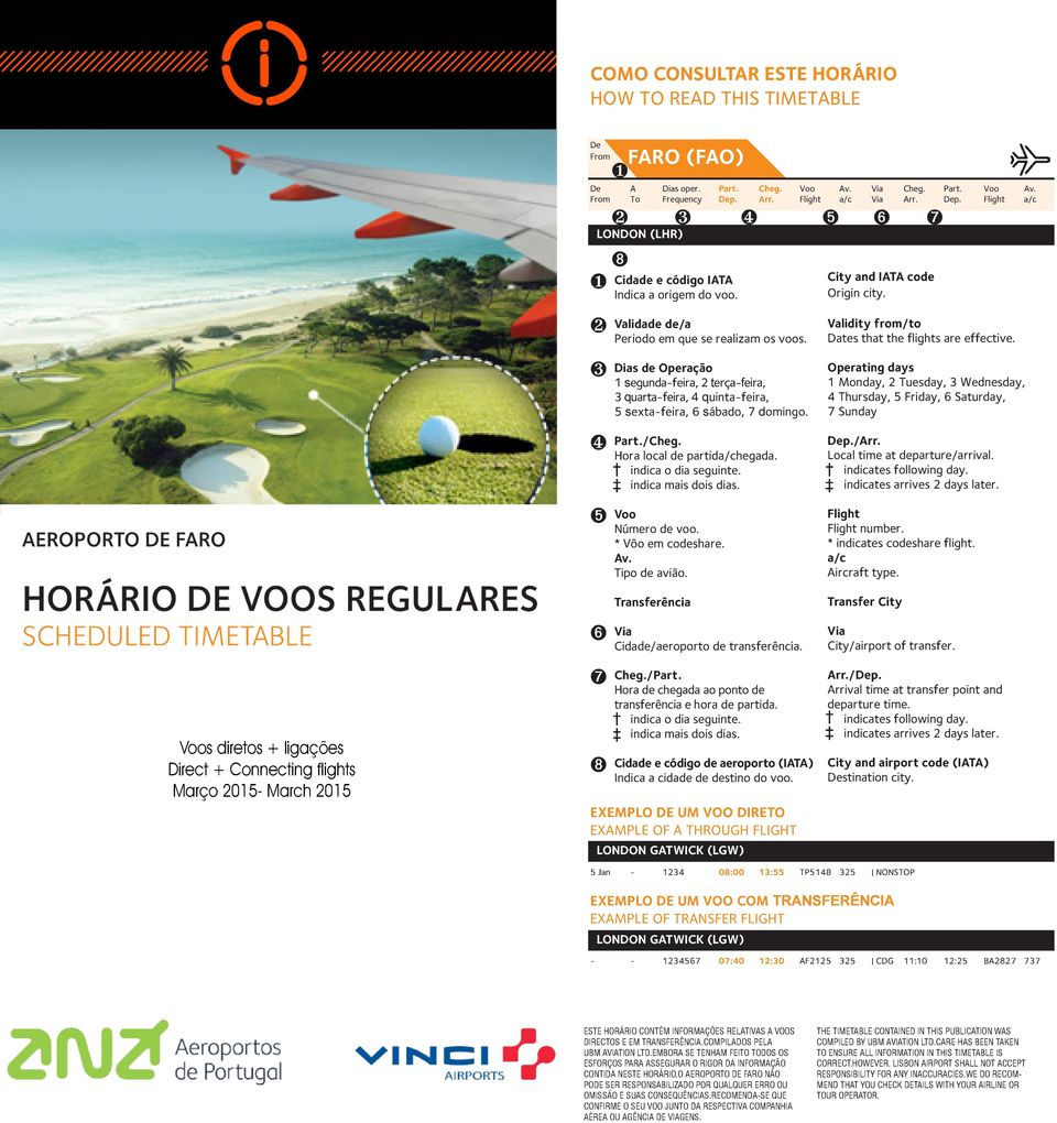 Opeating days 1 Monday, 2 Tuesday, 3 Wednesday, 4 Thusday, Fiday, 6 Satuday, 7 Sunday Voos dietos + ligações Diect + Connecting flights Maço 201- Mach 201 ❹ Pat./Cheg. Hoa local de patida/chegada.