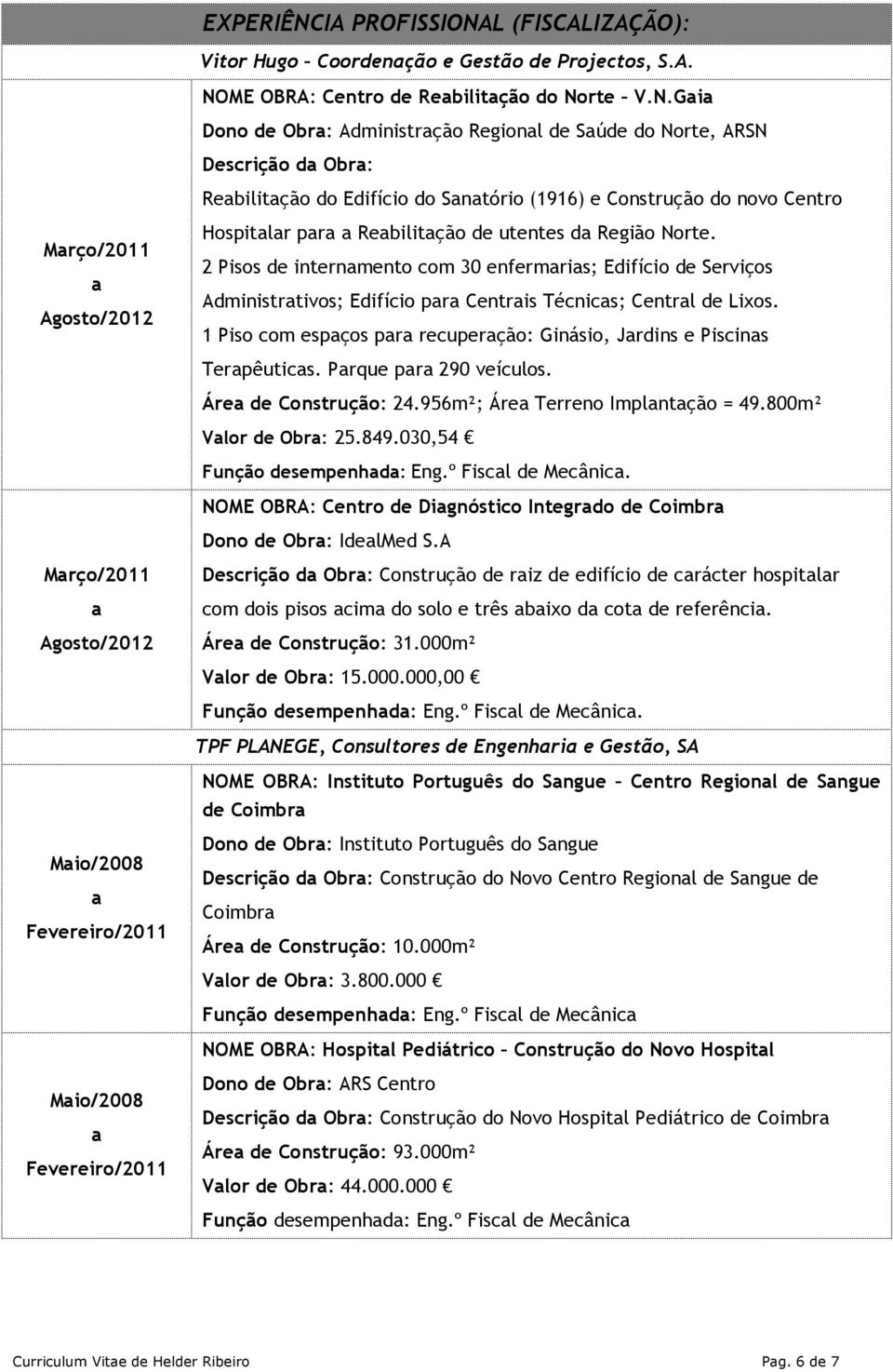 L (FISCALIZAÇÃO): Vitor Hugo Coordenção e Gestão de Projectos, S.A. NO