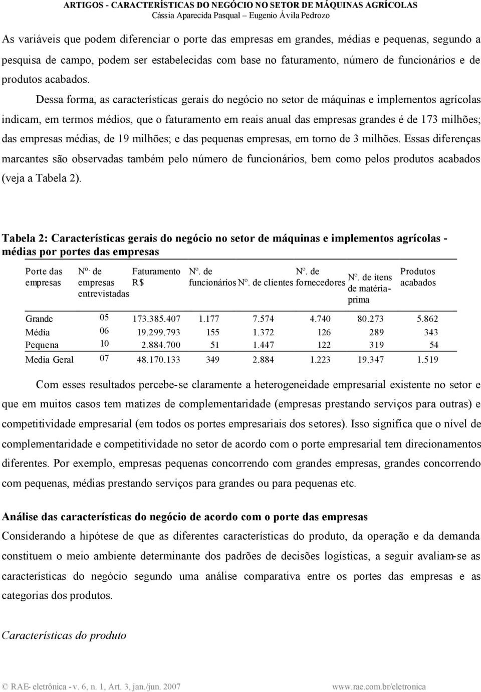 Dessa forma, as características gerais do negócio no setor de máquinas e implementos agrícolas indicam, em termos médios, que o faturamento em reais anual das empresas grandes é de 173 milhões; das