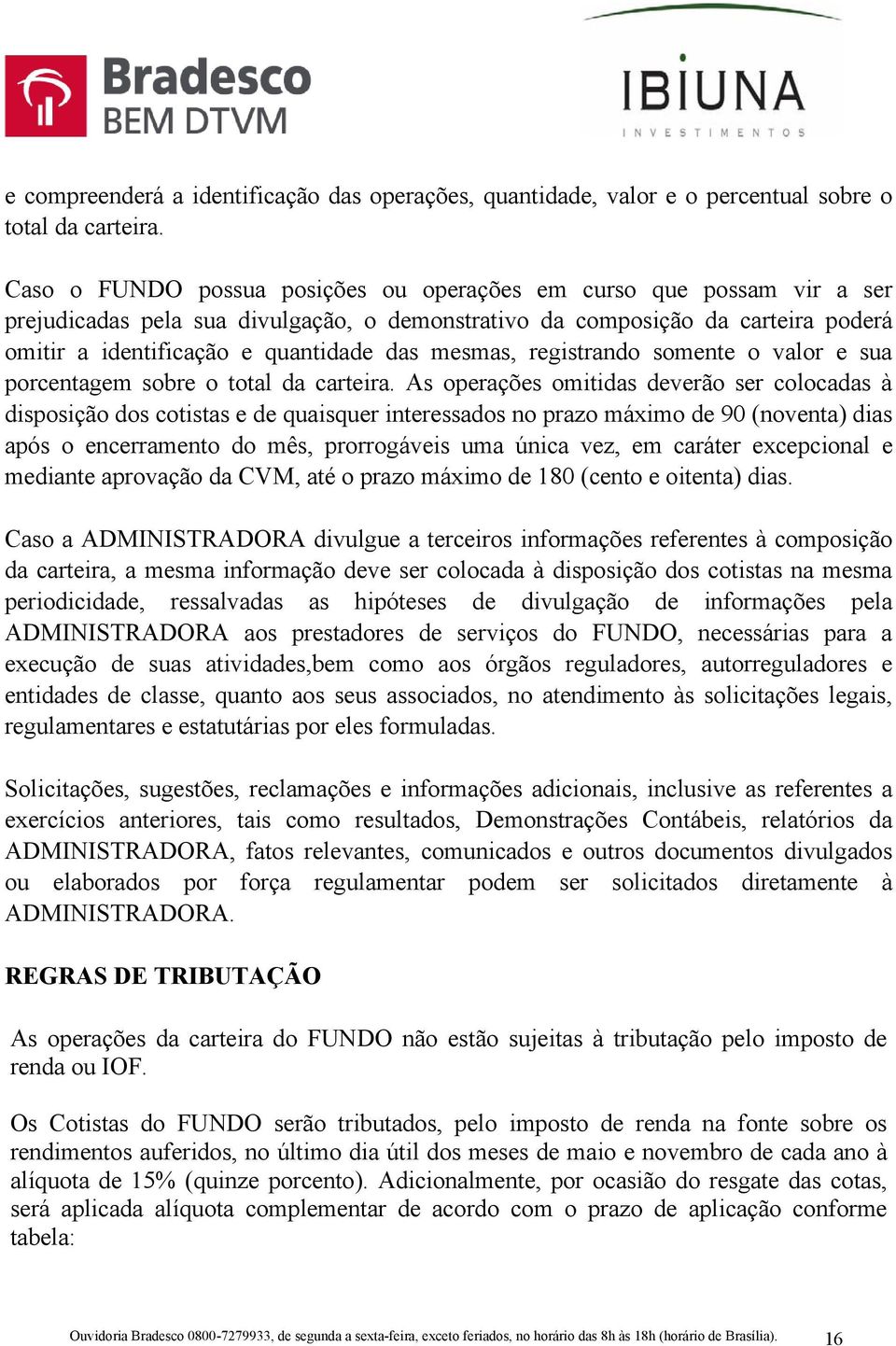 mesmas, registrando somente o valor e sua porcentagem sobre o total da carteira.