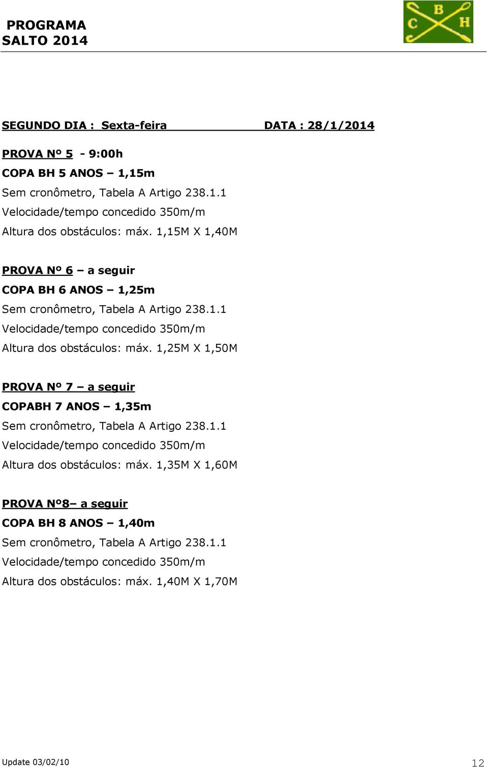 1,15M X 1,40M PROVA Nº 6 a seguir COPA BH 6 ANOS 1,25m Altura dos  1,25M X 1,50M PROVA Nº 7 a