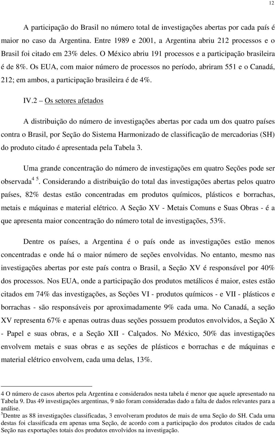 2 Os setores afetados A distribuição do número de investigações abertas por cada um dos quatro países contra o Brasil, por Seção do Sistema Harmonizado de classificação de mercadorias (SH) do produto