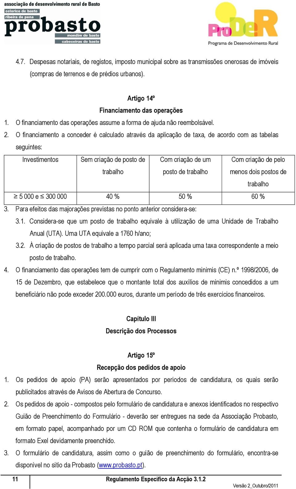 O financiamento a conceder é calculado através da aplicação de taxa, de acordo com as tabelas seguintes: Investimentos Sem criação de posto de Com criação de um Com criação de pelo trabalho posto de