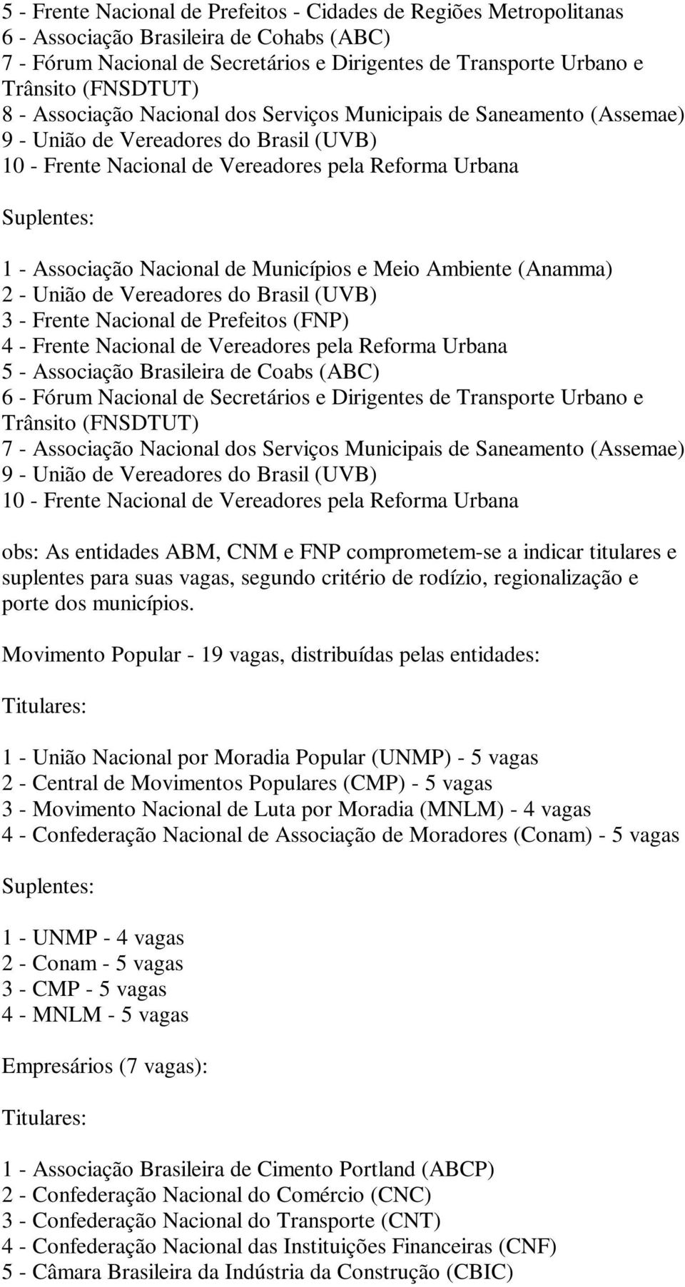 Municípios e Meio Ambiente (Anamma) 2 - União de Vereadores do Brasil (UVB) 3 - Frente Nacional de Prefeitos (FNP) 4 - Frente Nacional de Vereadores pela Reforma Urbana 5 - Associação Brasileira de