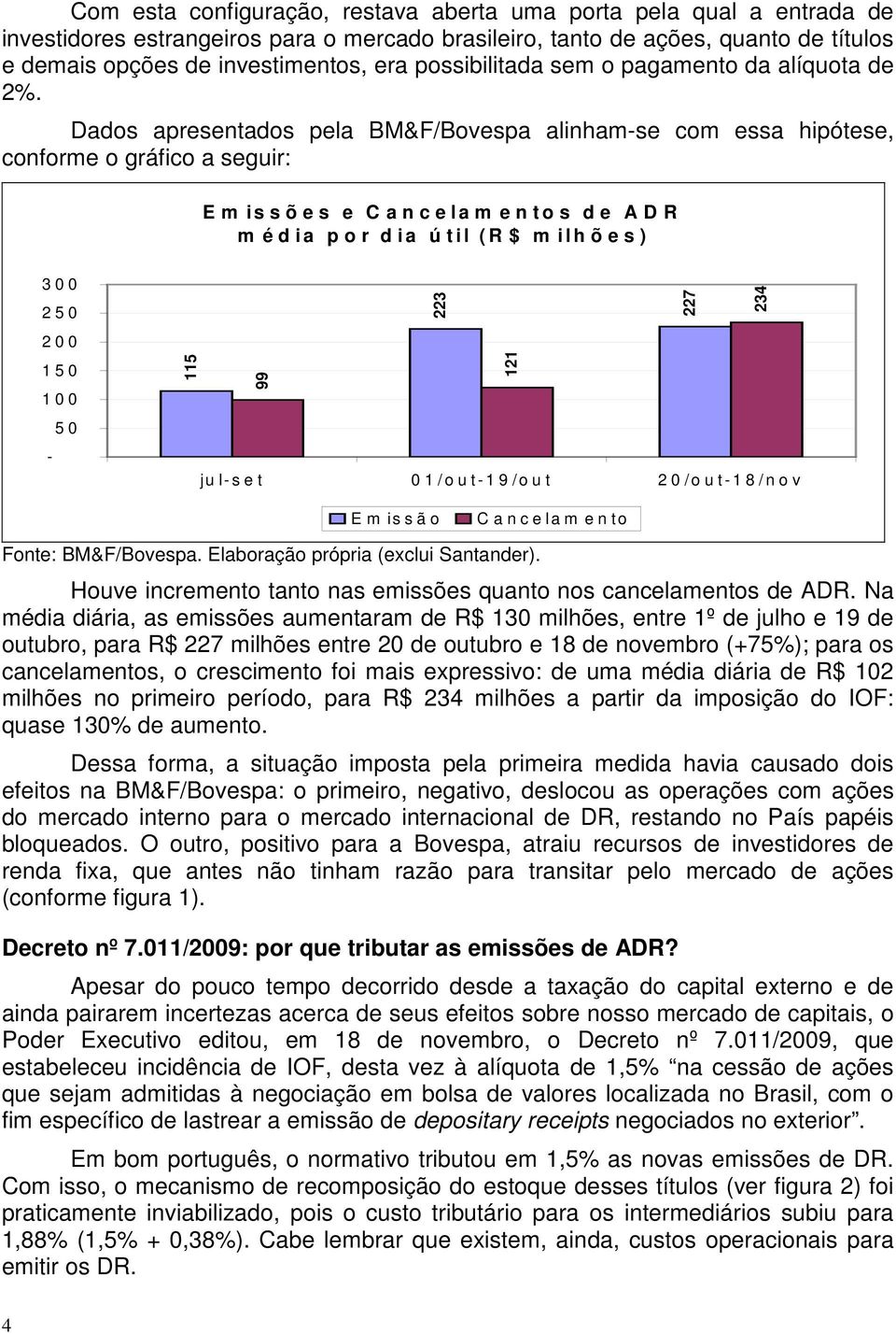 Dados apresentados pela BM&F/Bovespa alinham-se com essa hipótese, conforme o gráfico a seguir: E m i s s õ e s e C a n c e l a m e n t o s d e A D R m é d i a p o r d i a ú t i l ( R $ m i l h õ e s