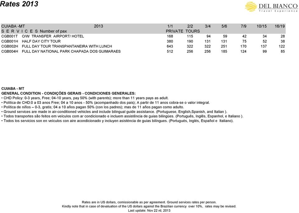 GENERALES: CHD Policy: 0-3 years, Free; 04-10 years, pay 50% (with parents); more than 11 years pays as adult.