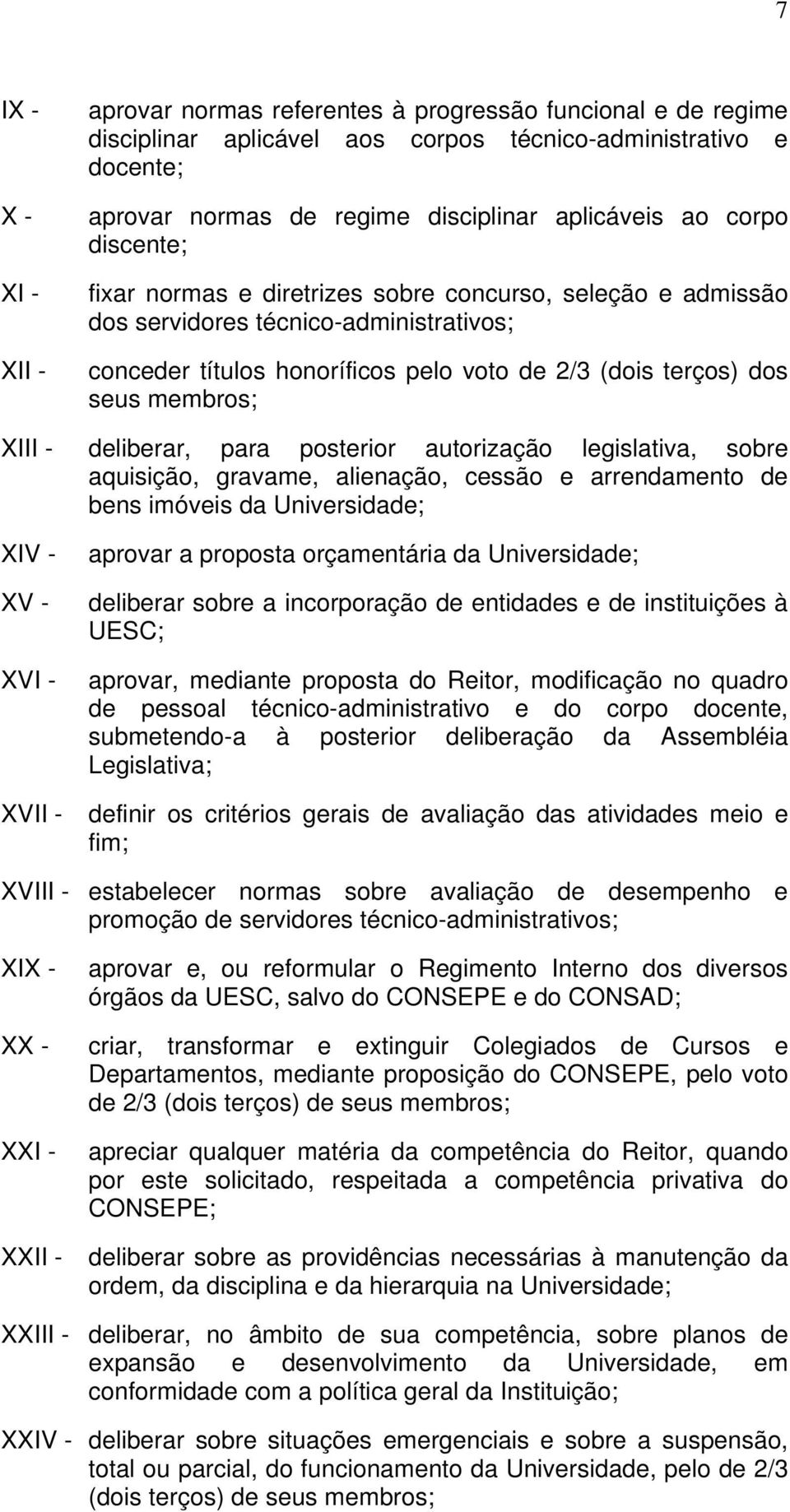 deliberar, para posterior autorização legislativa, sobre aquisição, gravame, alienação, cessão e arrendamento de bens imóveis da Universidade; XI X XV aprovar a proposta orçamentária da Universidade;