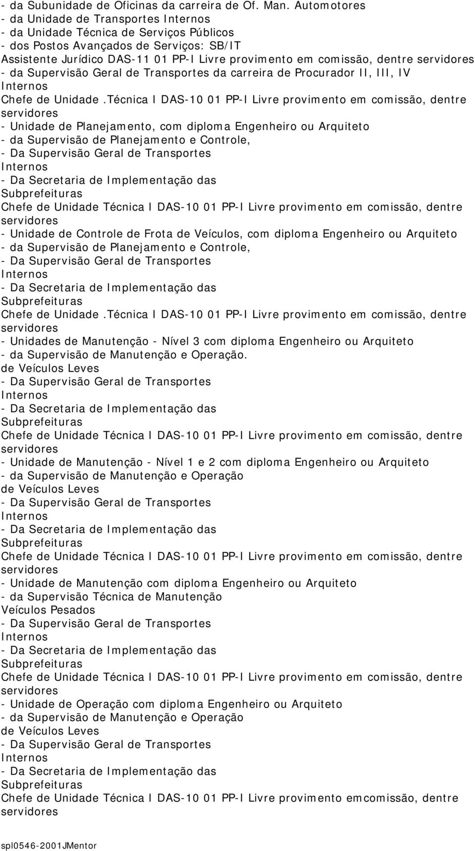 da Supervisão Geral de Transportes da carreira de Procurador II, III, IV Chefe de Unidade.