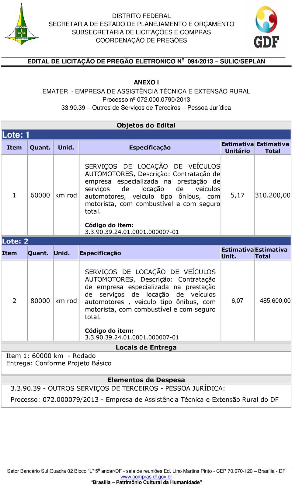 veículos automotores, veiculo tipo ônibus, com motorista, com combustível e com seguro total. 5,17 310.200,00 Lote: 2 Item Quant. Unid. Especificação Código do item: 3.3.90.39.24.01.0001.