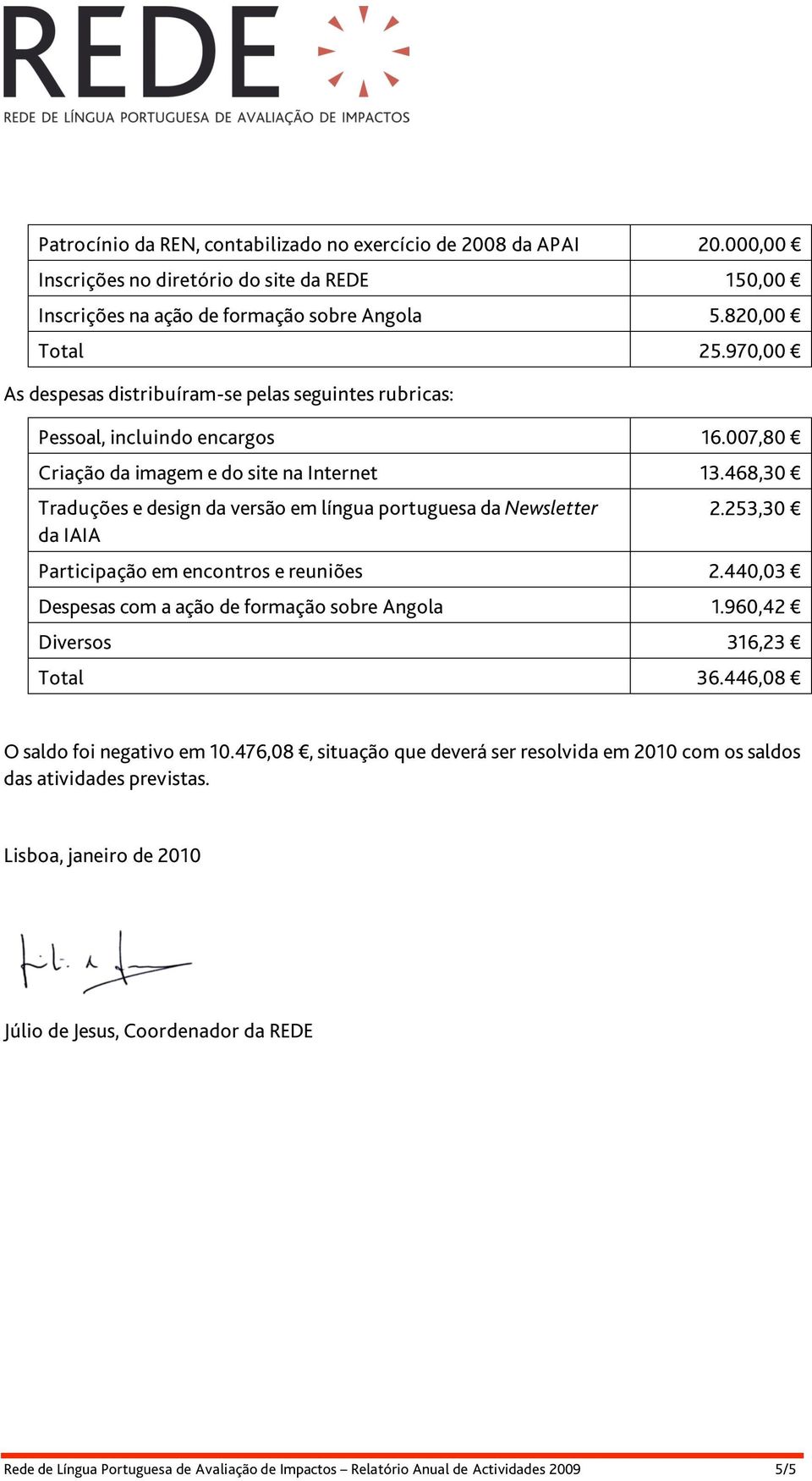 468,30 Traduções e design da versão em língua portuguesa da Newsletter da IAIA 2.253,30 Participação em encontros e reuniões 2.440,03 Despesas com a ação de formação sobre Angola 1.