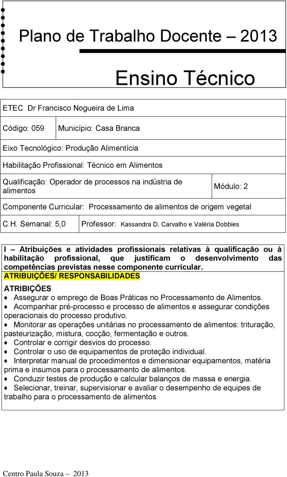 Carvalho e Valéria Dobbies I Atribuições e atividades profissionais relativas à qualificação ou à habilitação profissional, que justificam o desenvolvimento das competências previstas nesse