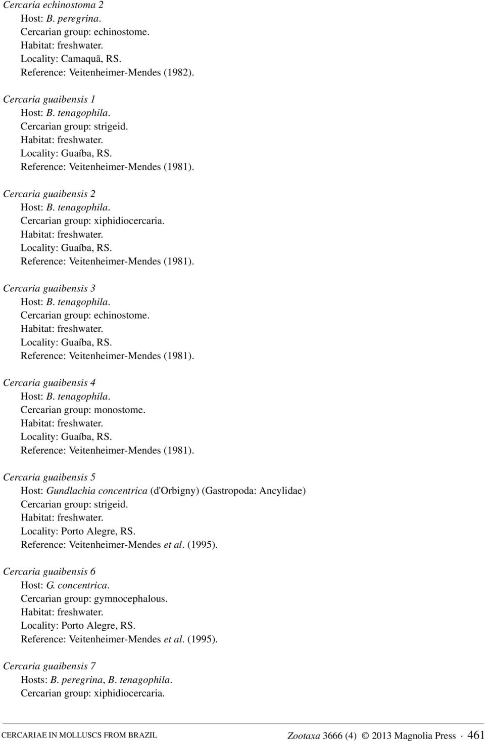 Cercaria guaibensis 3 Host: B. tenagophila. Locality: Guaíba, RS. Reference: Veitenheimer-Mendes (1981).