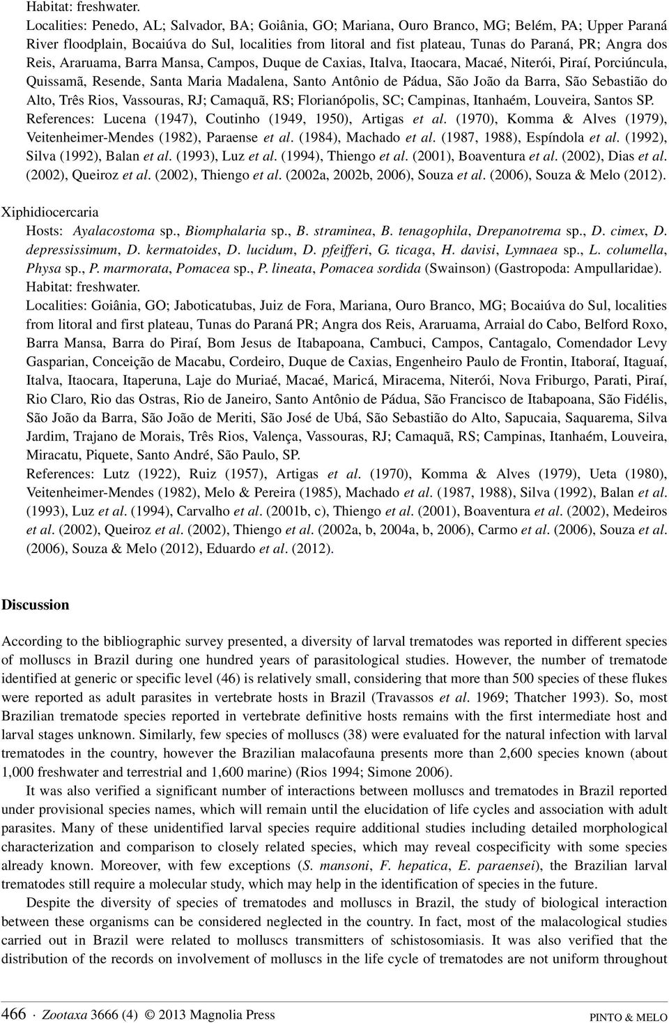 Barra, São Sebastião do Alto, Três Rios, Vassouras, RJ; Camaquã, RS; Florianópolis, SC; Campinas, Itanhaém, Louveira, Santos SP. References: Lucena (1947), Coutinho (1949, 1950), Artigas et al.