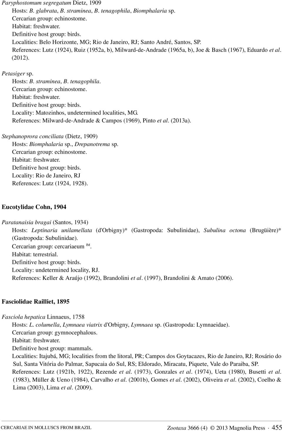 Locality: Matozinhos, undetermined localities, MG. References: Milward-de-Andrade & Campos (1969), Pinto et al. (2013a). Stephanoprora conciliata (Dietz, 1909) Hosts: Biomphalaria sp.