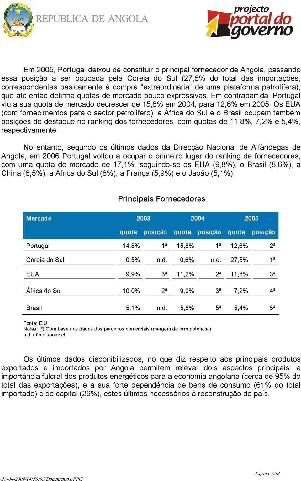 Em contrapartida, Portugal viu a sua quota de mercado decrescer de 15,8% em 2004, para 12,6% em 2005.