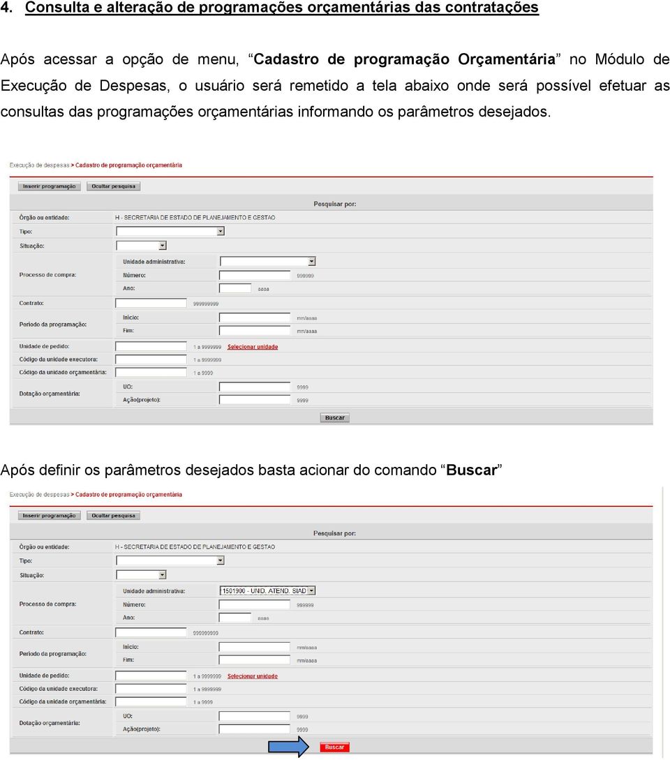 remetido a tela abaixo onde será possível efetuar as consultas das programações orçamentárias