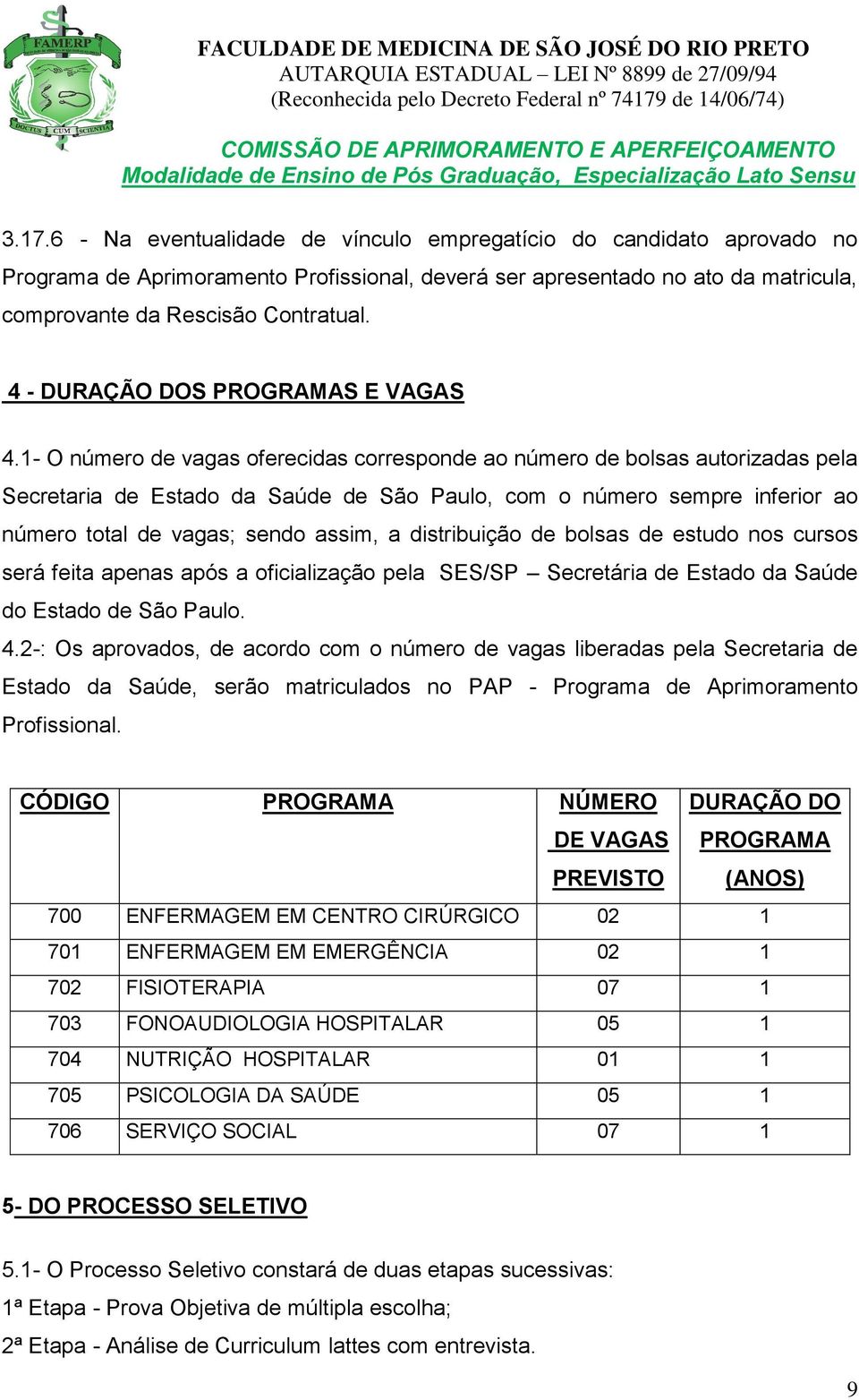 1- O número de vagas oferecidas corresponde ao número de bolsas autorizadas pela Secretaria de Estado da Saúde de São Paulo, com o número sempre inferior ao número total de vagas; sendo assim, a